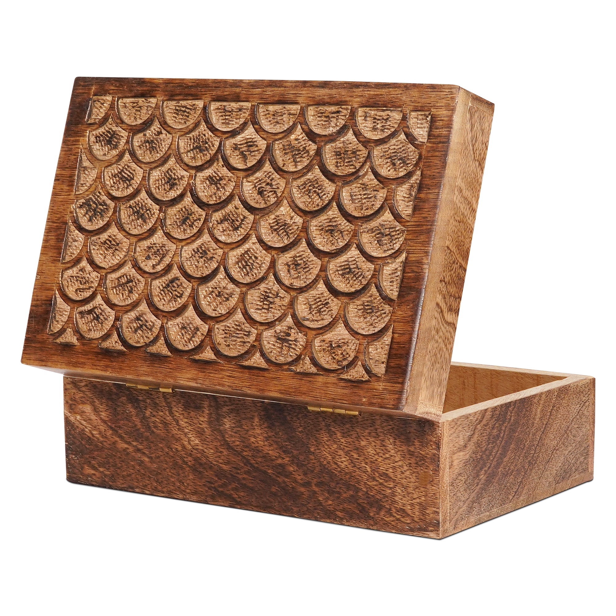 Carved Scallop Mango Wood Box with Lid, Medium Burnt Large Wooden Box, Handmade Decorative Box with Lid for Use As Memory Box, Keepsake Box, Photo Storage Box, and more, 9” x 6” x 3.5”