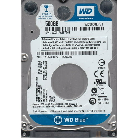 WD5000LPVT-22G33T0, DCM HACTJBBB, Western Digital 500GB SATA 2.5 Hard Drive