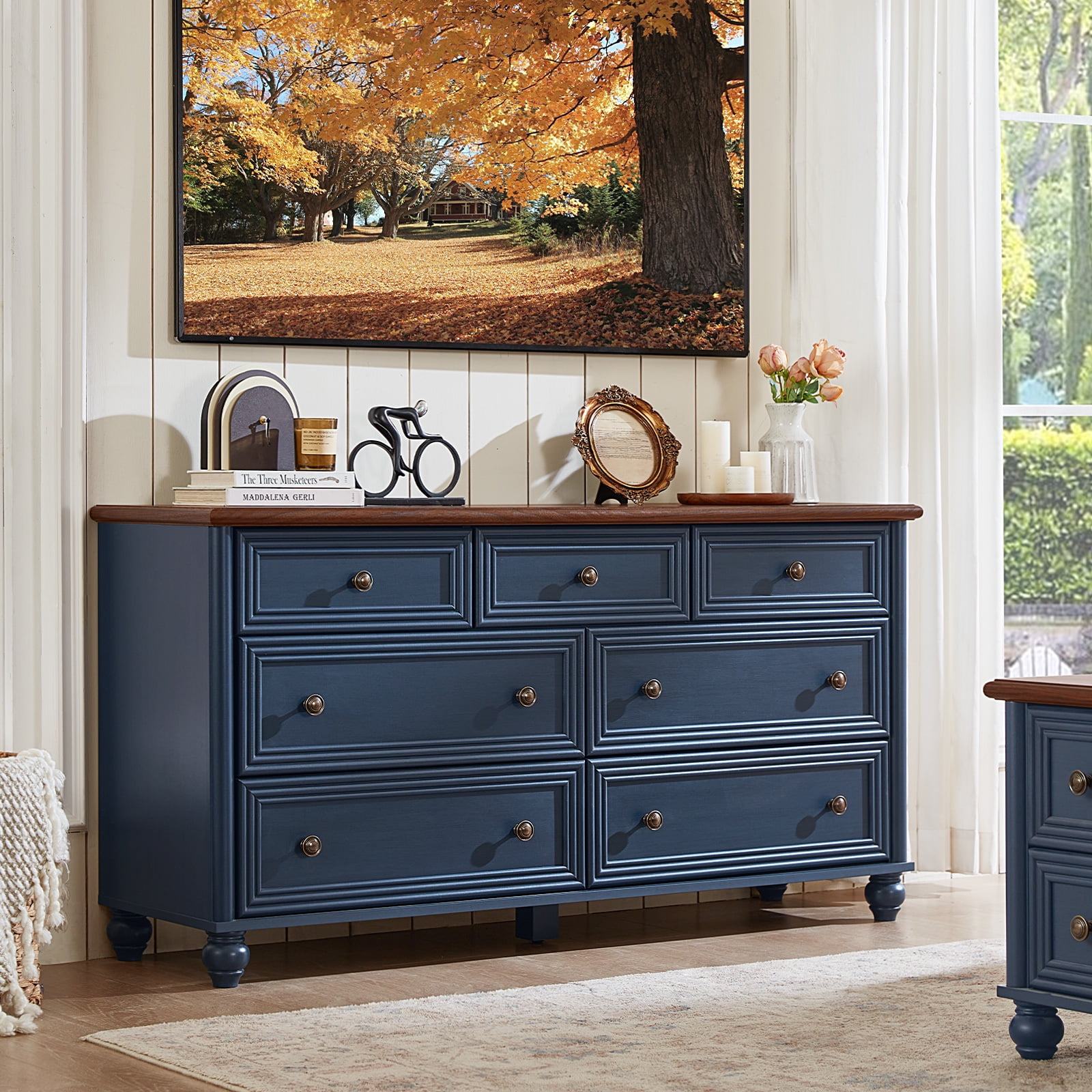 LELELINKY 7 Drawers Dresser for Bedroom, Farmhouse Chest of Drawer with Metal pull Handle, Wood Storage Cabine for Living Room, Hallway and Bedroom, Blue
