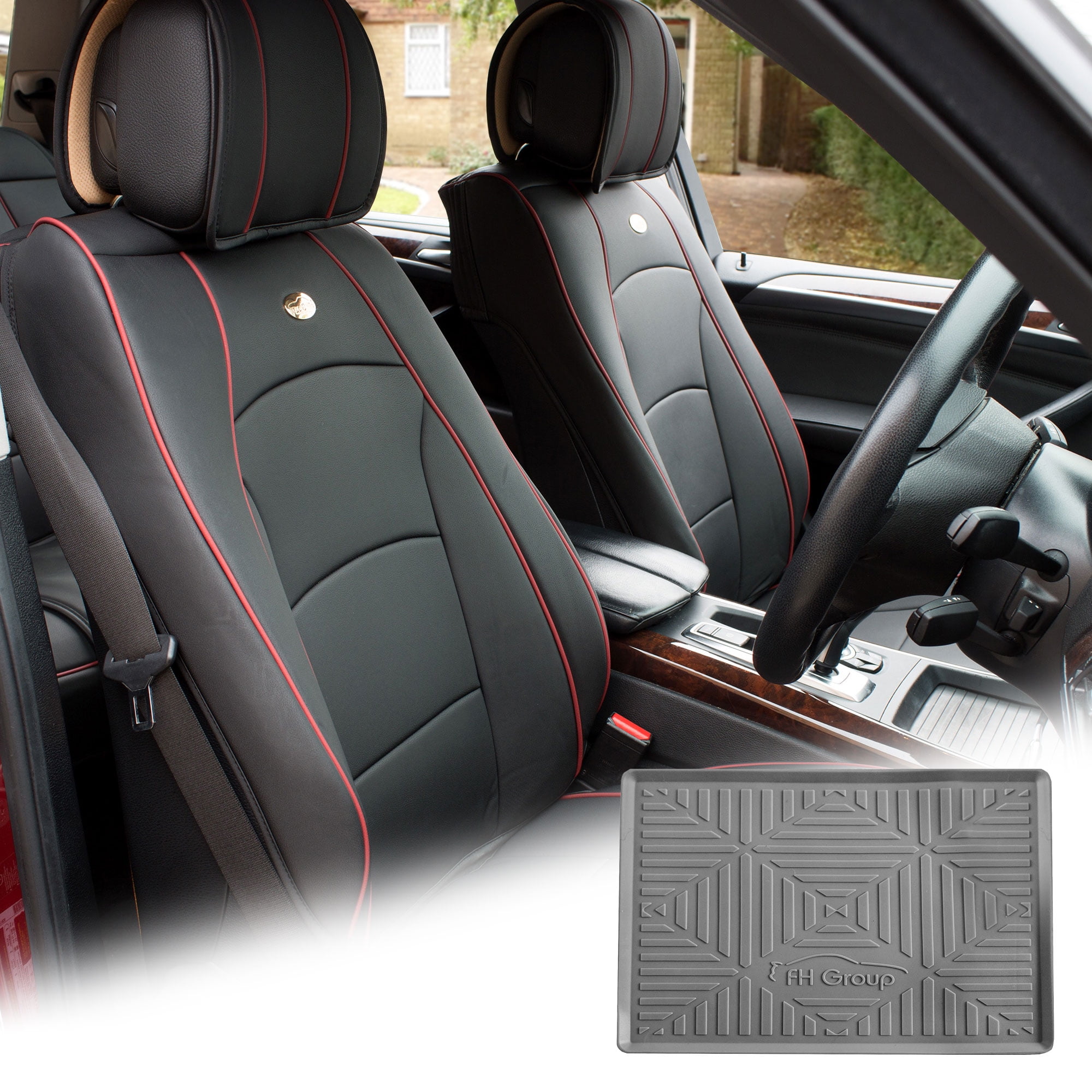 FH Group Black Leatherette Front Bucket Seat Cushion Covers for Auto