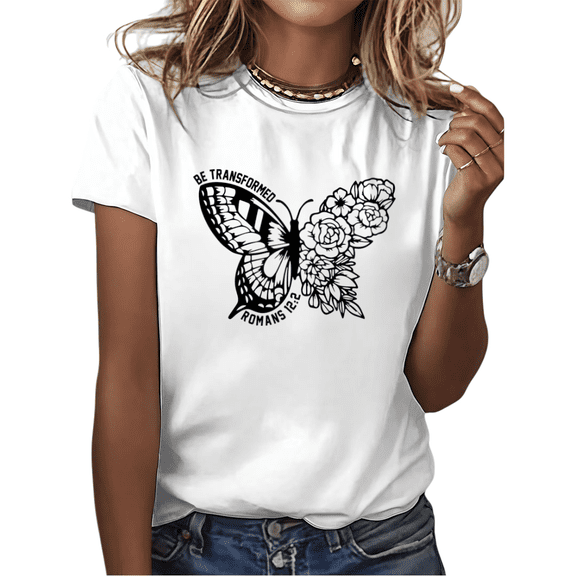 Cozymy Women's "Be Transformed Romans 12:2" Butterfly and Flower Graphic Short Sleeve Crew Neck T-Shirt Casual Cotton Top