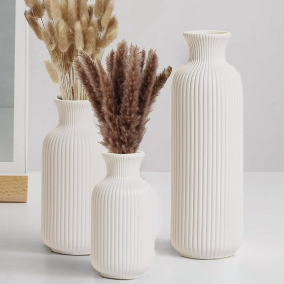 White Ceramic Vase Set of 3,Modern Vase Ribbed Design,Minimalist Decor Flower Vase for Table,Shelf,Farmhouse Vase for Decor（Vertical Ribbed Vase）