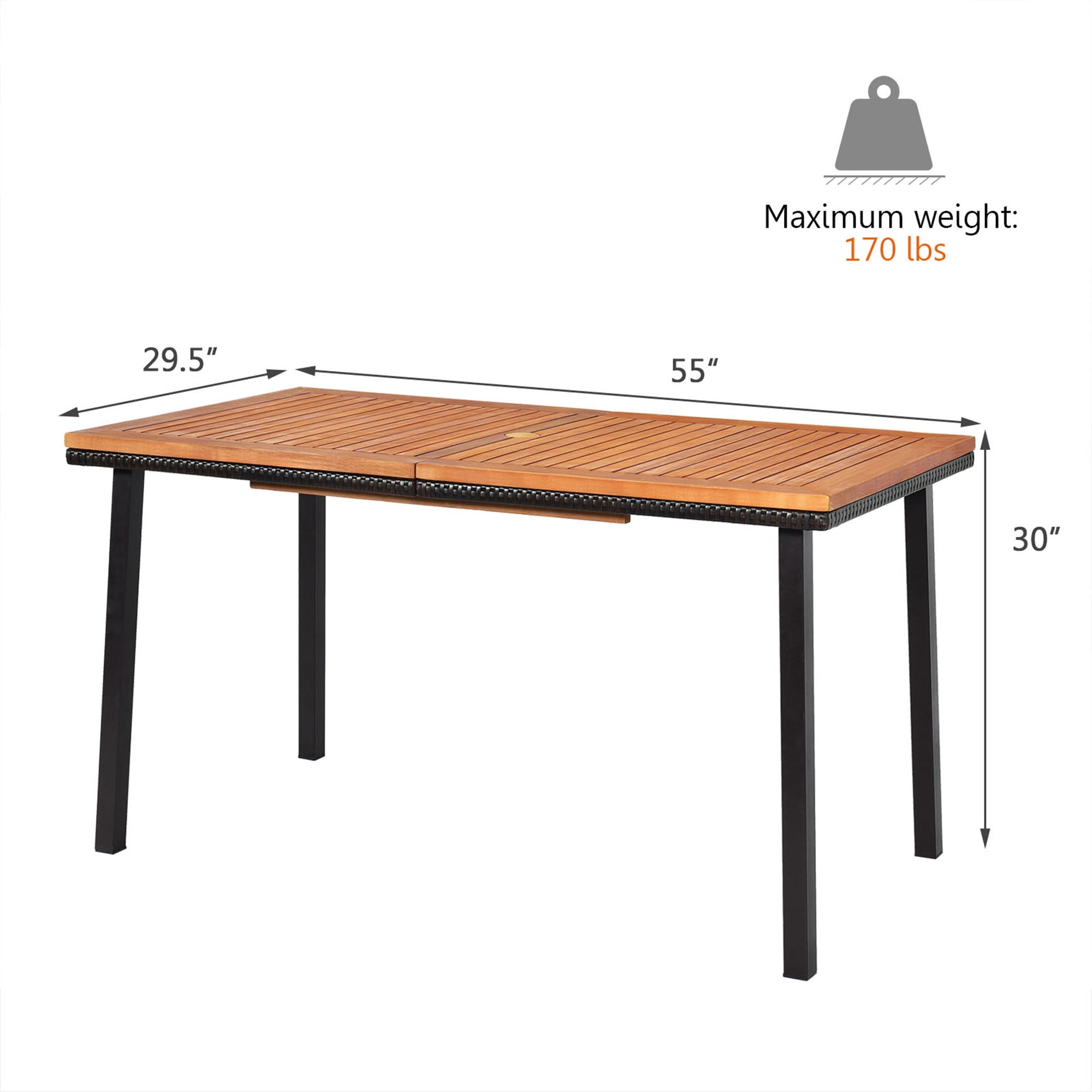 Gymax Rectangle Patio Outdoor Dining Table Acacia Wood Tabletop with 2" Umbrella Hole