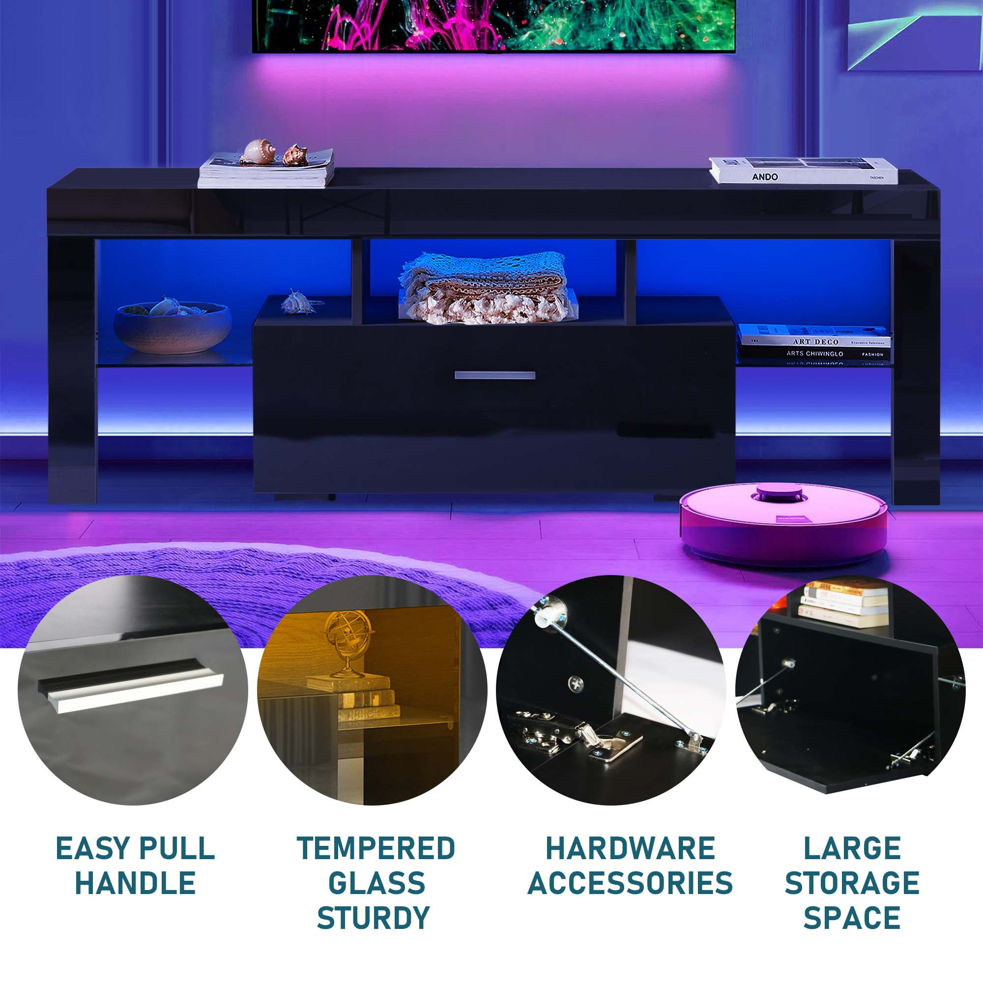 Aukfa LED  TV Stand for TVs up to 60", Storage TV Cabinet for Living Room - Black