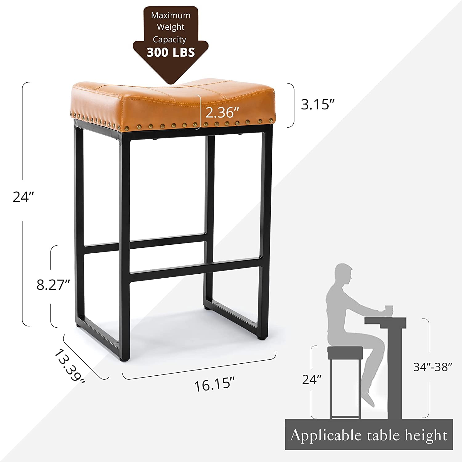 Dycanpo 24" Saddle Counter Height Bar Stools Set of 4, Modern Faux Leather, for Kitchen, Brown