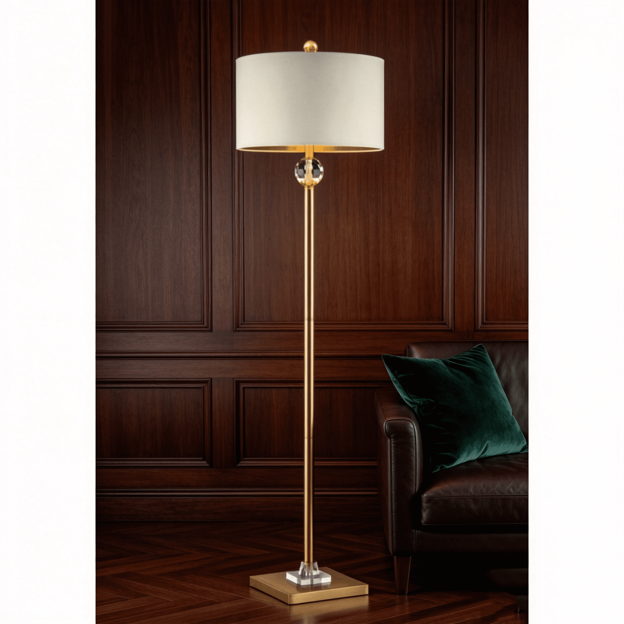 JERFIT Modern Crystal Orb Floor Lamp with Drum Shade, Gold Metal Column, LED Compatible for Living Room Bedroom