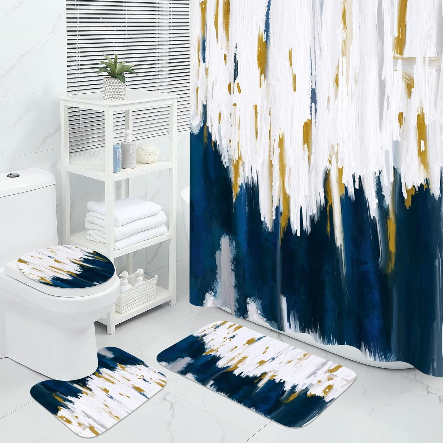 Zrodlmo Abstract Blue Ombre Fabric Shower Curtain and Rug Sets, 16pc Modern Bathroom Curtain Sets, 72" x 72", Blue