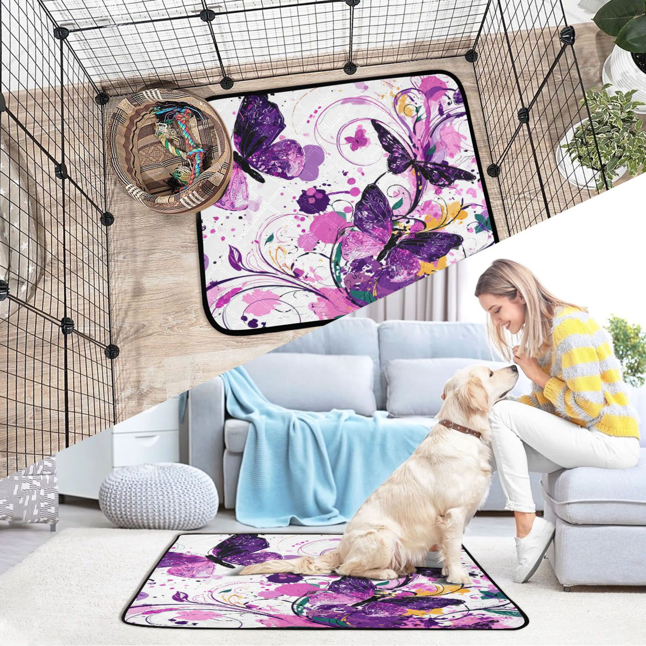 Washable Pet Pee Pads with Super Absorbent Reusable Training Pads for Dogs & Cats Purple Butterfly