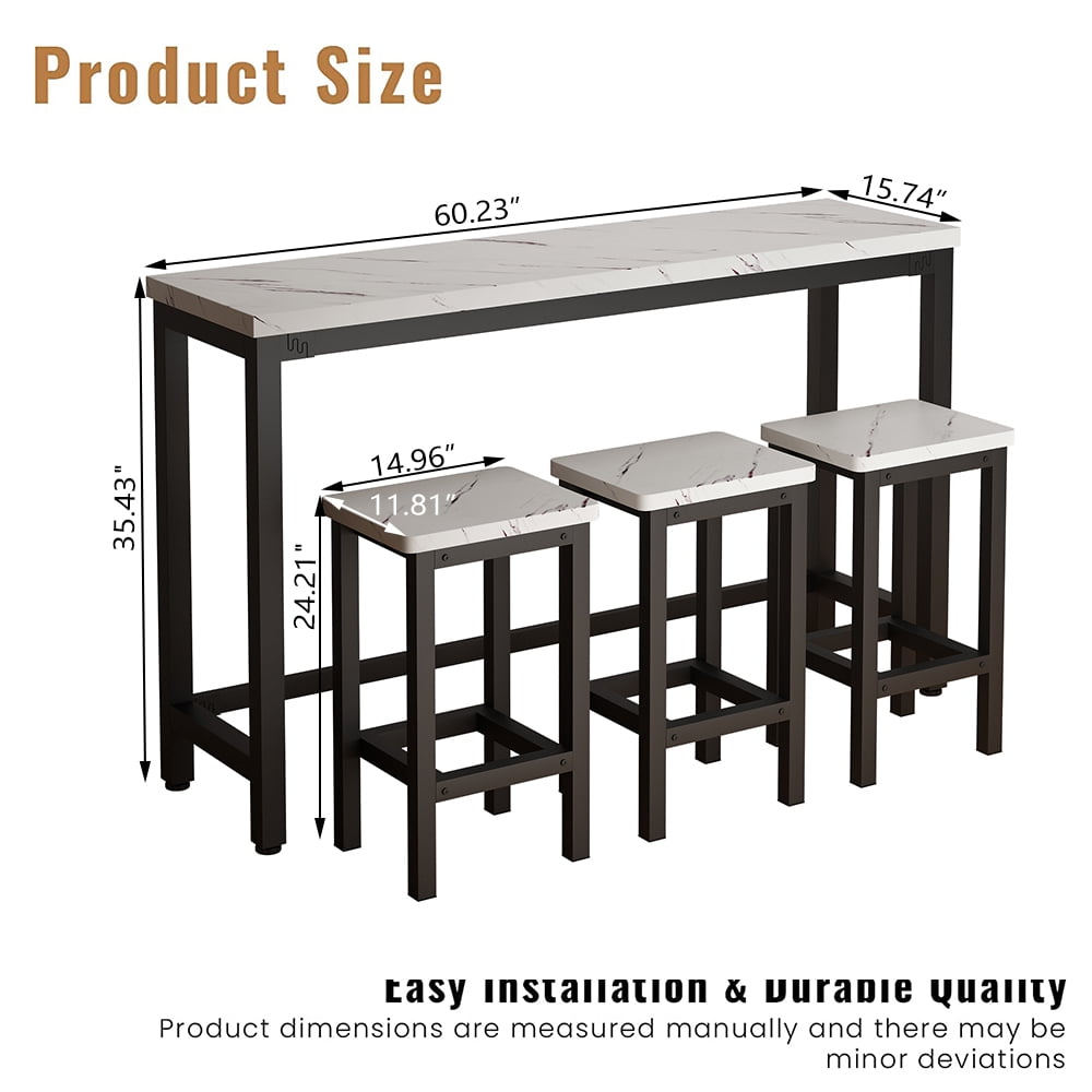Segmart 4 Pcs Bar Set with Table and Stools Metal Frame White Marble