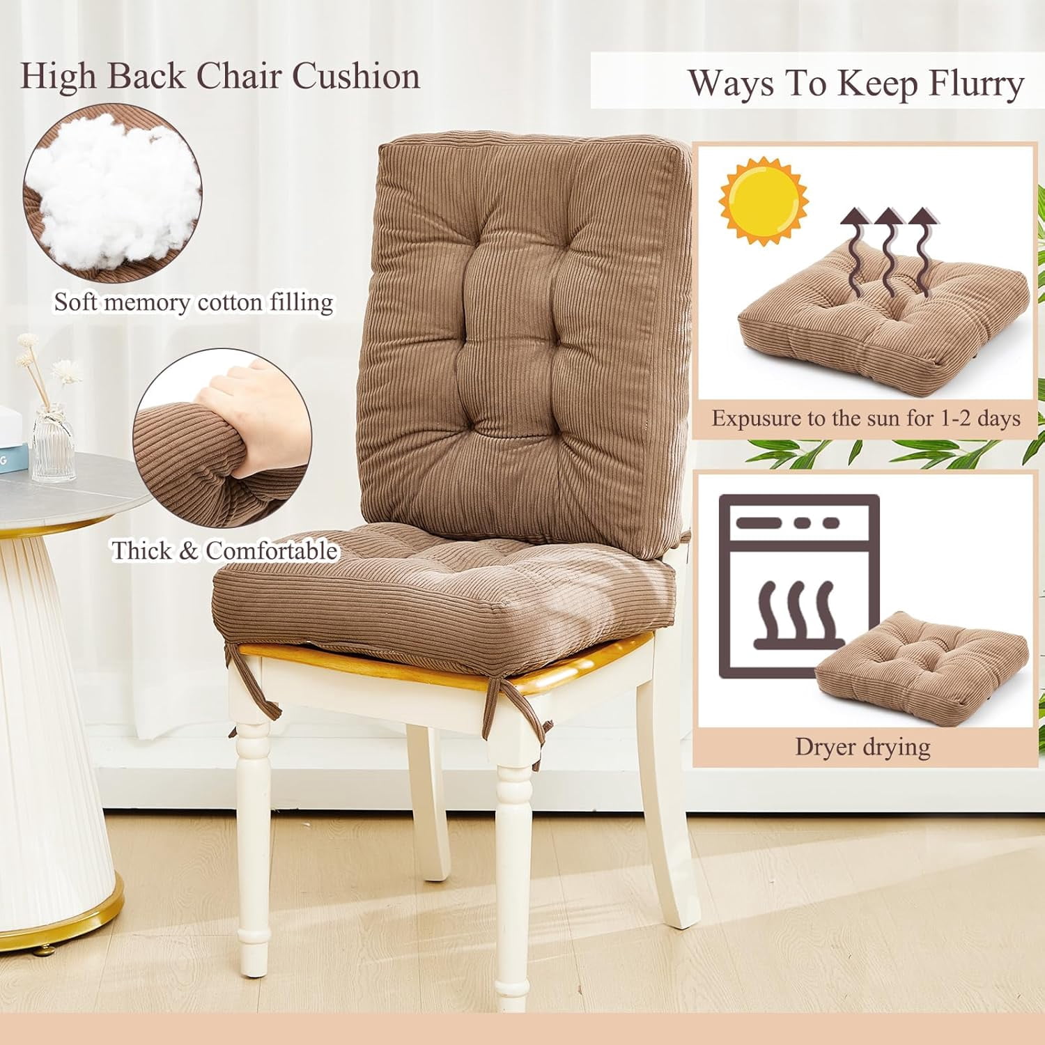 4 Set Outdoor Patio Chair Cushions Corduroy Seat High Back Tufted Pillow Replacement Rocking Chair Cushions Patio Chair Pads for Autumn Winter Seasonal Indoor Home Office (Khaki)