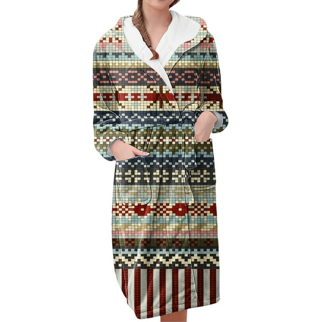 Women's Fleece Plush Robe Long Warm Plush Bathrobe Loungewear Jacket Printed Comfort Robe