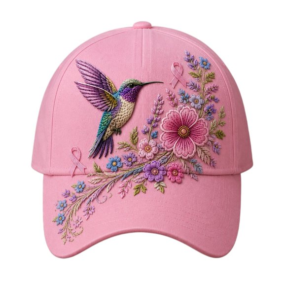 Under$8 Baseball Cap Women Breast Cancer Awareness Baseball Cap Embroidered Hummingbird & Colorful Wildflower Print Hat Ribbon Design Support Headwear for Daily Outdoor Gsakboxl