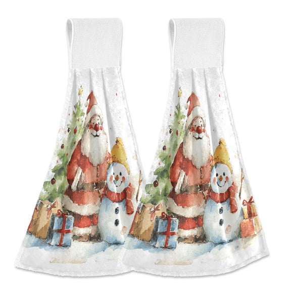 Santa Snowman Stand Beside Christmas Tree Hanging Towels with Loop Hand Towels Nylon Fastener Tape Design Dish Cloths 2 Pieces