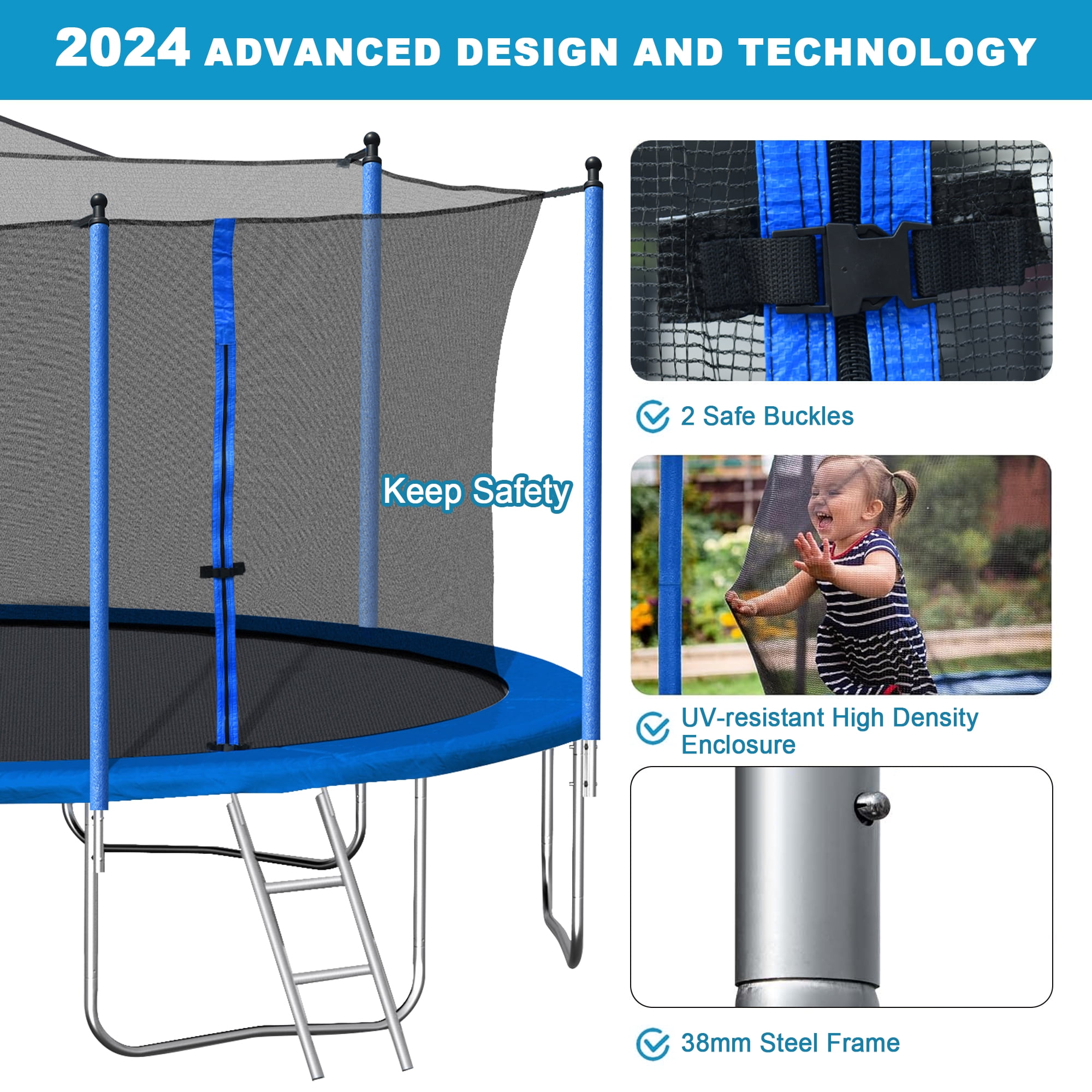 Aukfa 14FT Trampoline with Enclosure Net for Kids Adults, Outdoor Trampoline with Basketball Hoop for Backyard, Blue
