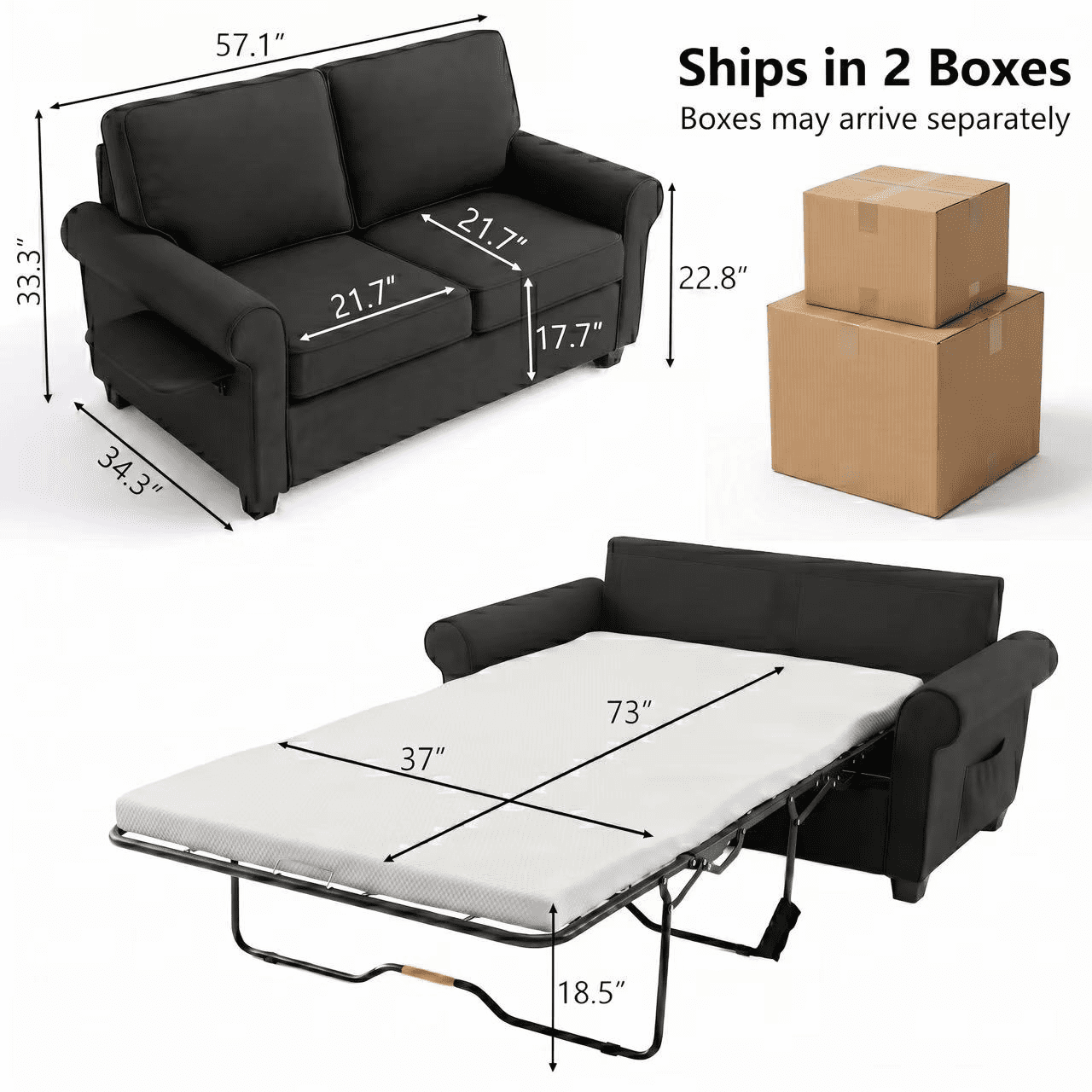 IDEK Pull Out Sofa Bed, 2-in-1 Convertible Loveseat Sleeper Couch with Side Pockets, Black