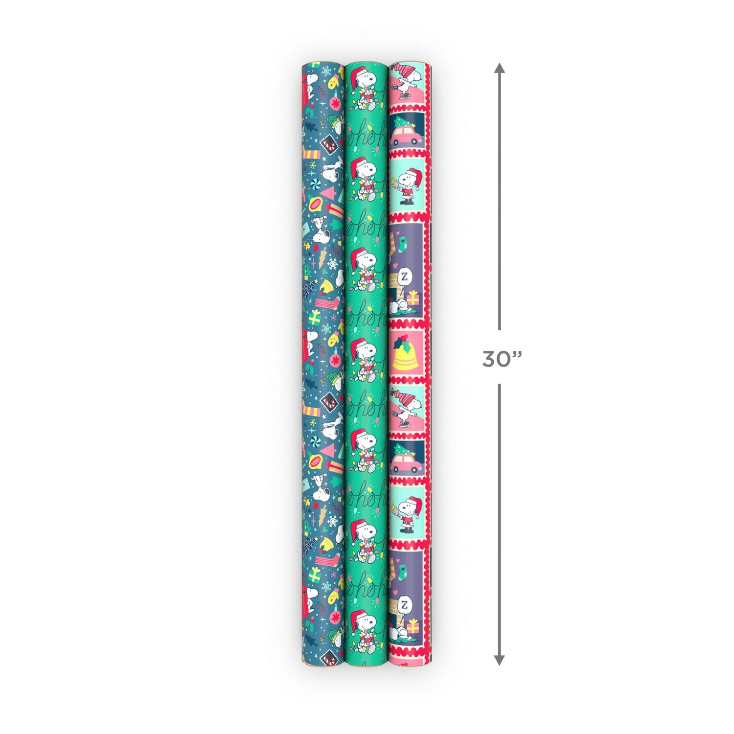 Papier d'emballage de Noël, avec lignes de découpage au verso, Peanuts, Hallmark (3 rouleaux : 60 pieds carrés)