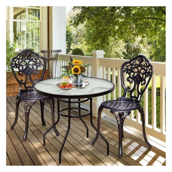 32 Inch Patio Tempered Glass SteelRound Table with Convenient Umbrella Hole Black Iron