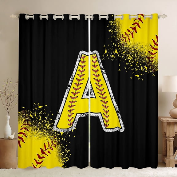 Manfei Baseball Print Black Out Curtains for Boys Girls, Sport Monogrammed Curtains Pack of 2 (42x63 Each), Personalized Letter A Bedroom Curtains, Luxury Bedroom Decor