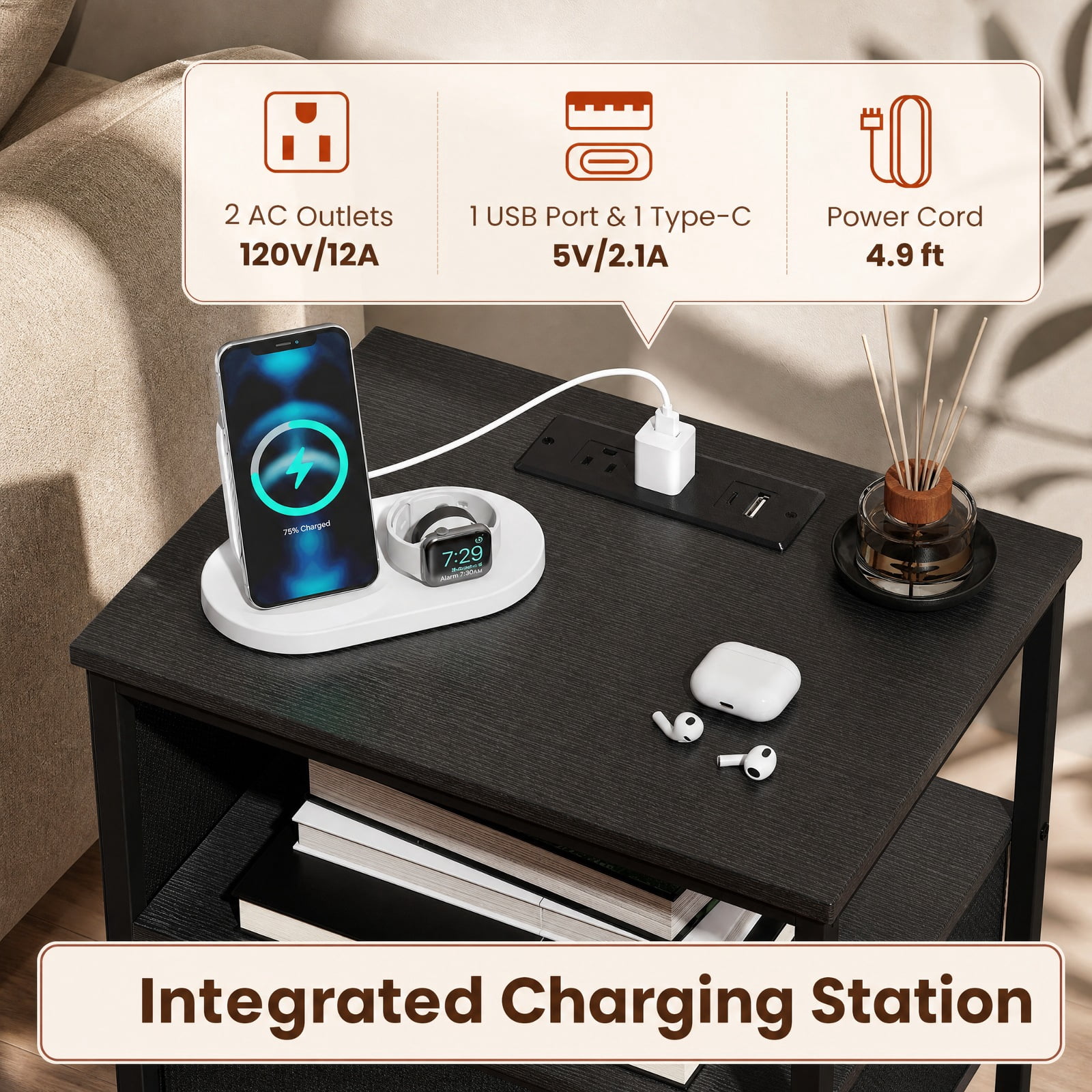 Furnibear Nightstand with Charging Station 27.5 inch Modern Bedside Table with 3 Fabric Drawers for Bedroom Living Room Bedside Sofa Side, Black
