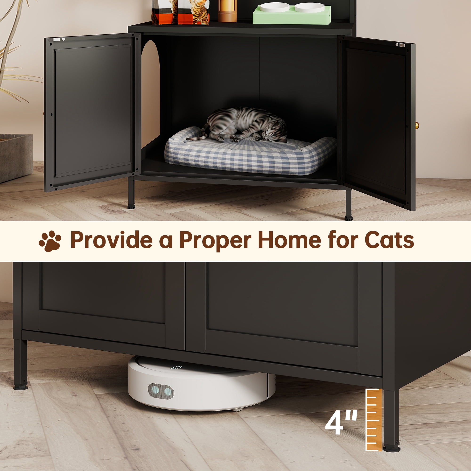 57" Tall Black Metal Cat Litter Box Enclosure, Hidden Litter Box Cabinet with 3-Tier Shelves, Doors & 4 S-Hooks, Odor Control Pet House for Large Cats