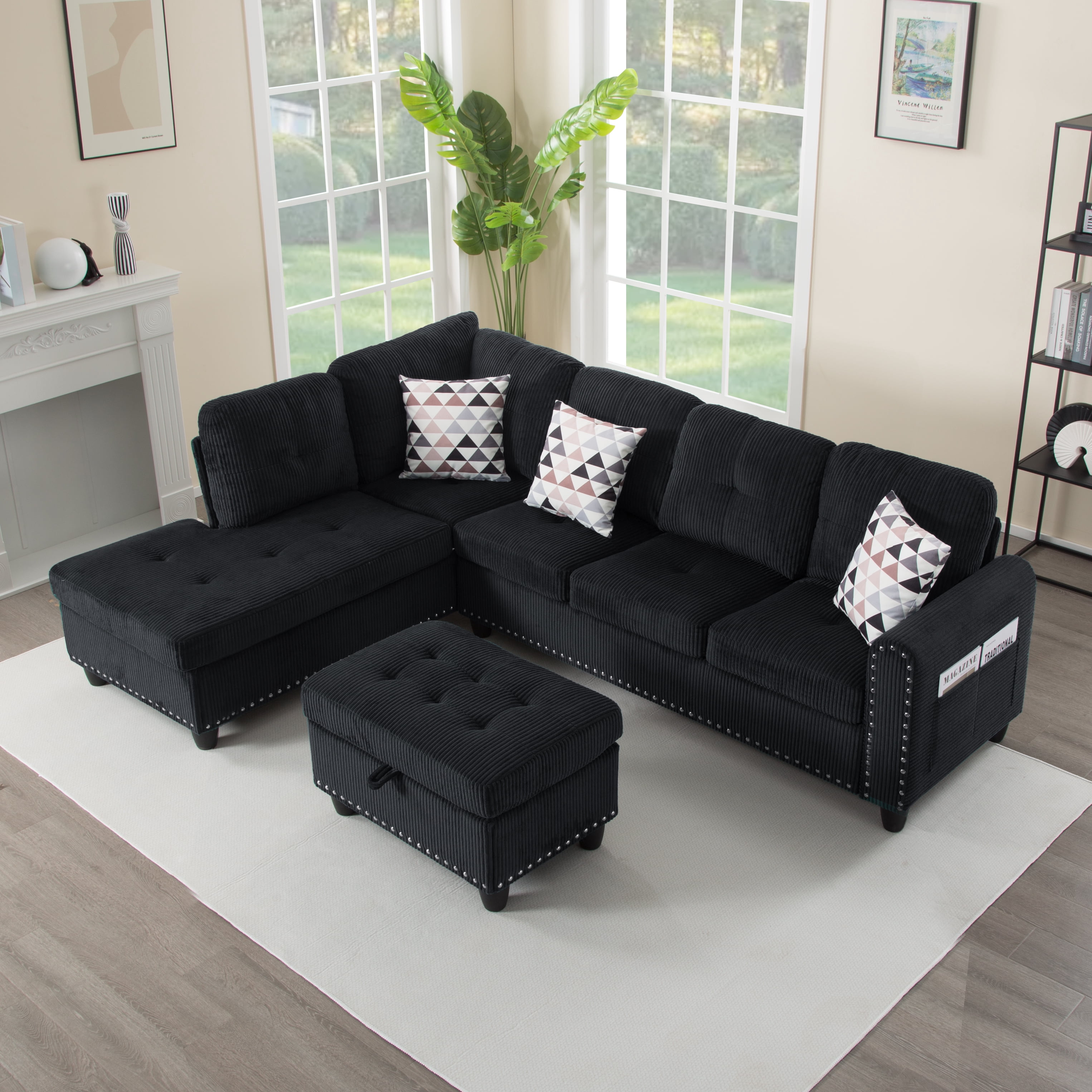 Gewnee 94.49"Modular Sectional Sofa with Storage Ottoman,L-Shaped Comfort Sofa with Cup Holders & Nailhead Trim,Modern Corduroy Couch for Living Room.Black