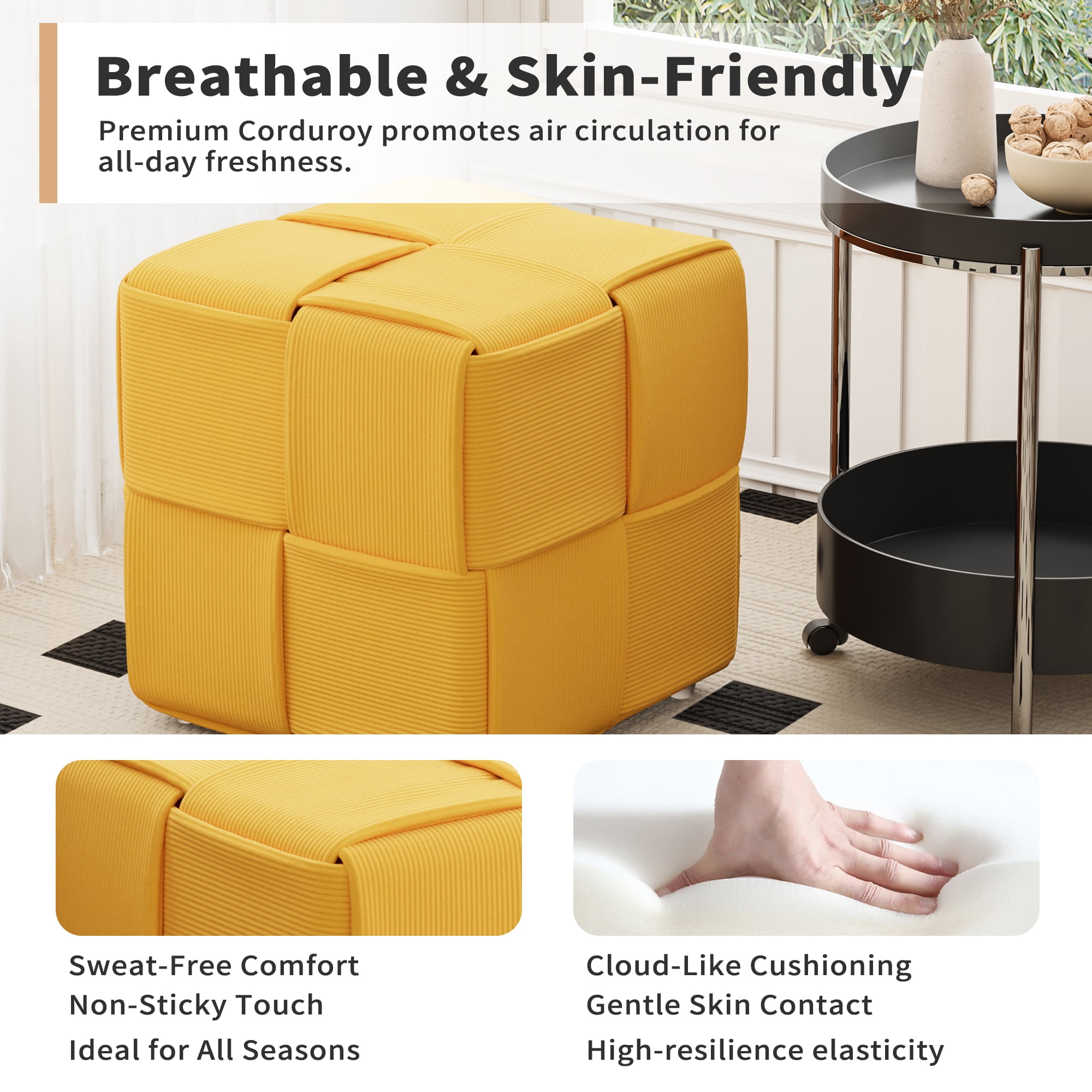 Corduroy Ottoman Foot Rest, Square Upholstered Stool with High-Density Foam and Wood Frame, 300 Lbs Capacity, Multi-Purpose Footstool for Living Room Bedroom Nursery, Yellow