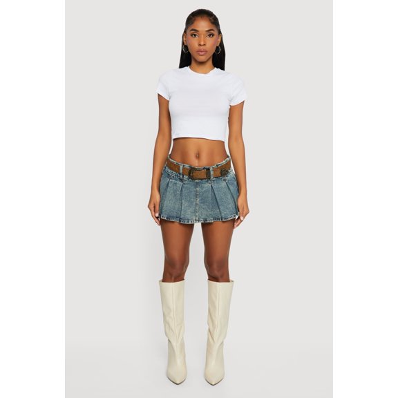 Women's Cowboy Belted Mid Rise Acid Wash Pleated Skort