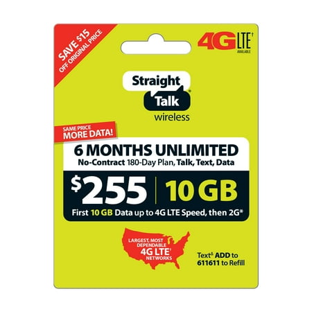 Straight Talk $255 Unlimited 180 Day Plan (with up to 10GB of data at high speeds, then 2G*) (Email Delivery)