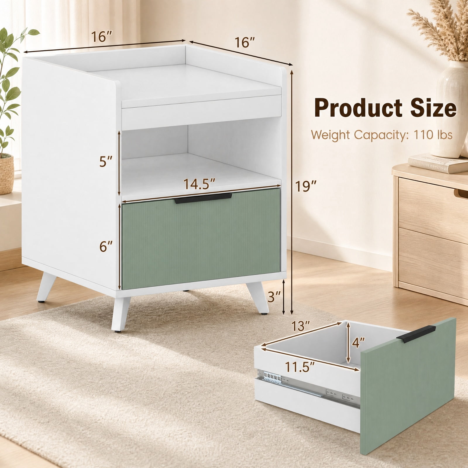 Furnibear Modern Nightstand with LED Lights Sliding Drawer and Open Compartment for Bedroom Living Room Bedside Sofa Side Small Space, White