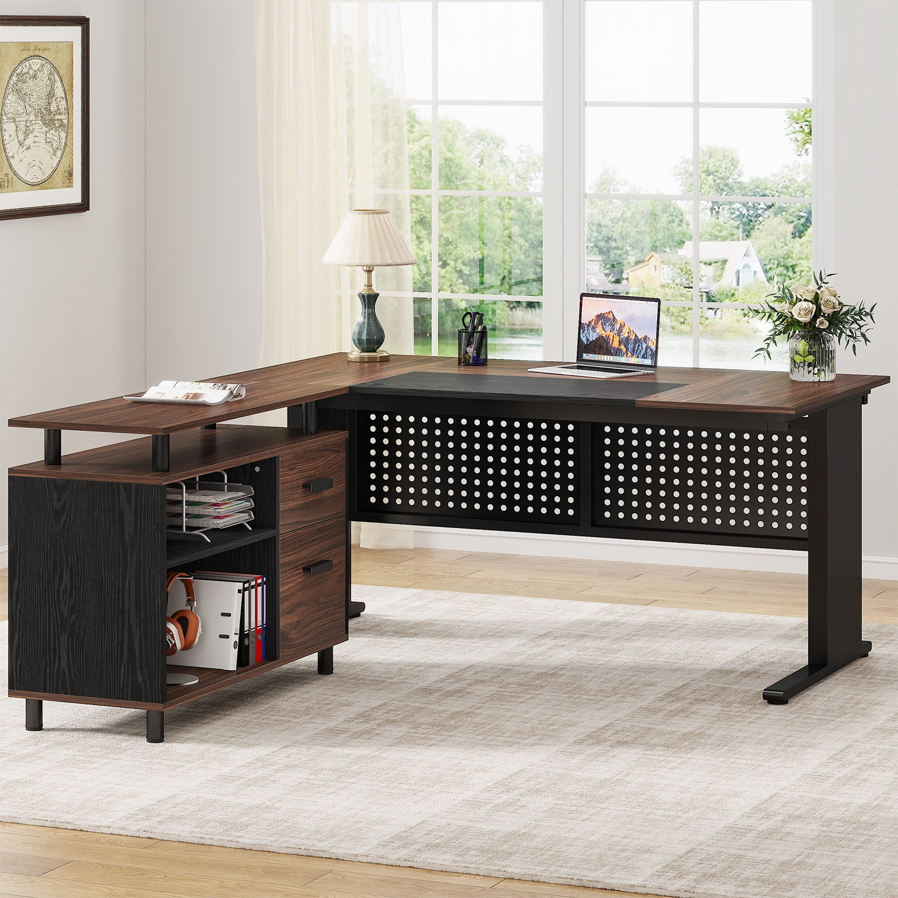 Finmind Executive Desk with File Cabinet, 63 Inch L Shaped Computer Desk with Drawers and Storage Shelves for Home Office, Brown and Black