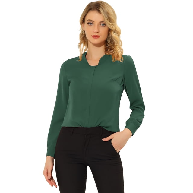 Blusa de gasa sólida de manga larga para oficina de trabajo para mujer Verde oscuro L