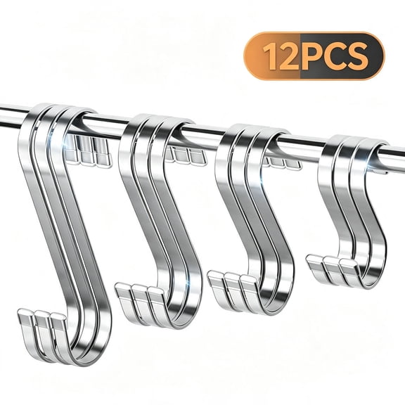 KOGITI S‑Shaped Hooks,Heavy‑Duty 4‑Size Stainless‑Steel Utility Hanging Hooks,Multipurpose Organizer Hooks for Kitchen,Cabinet,Bathroom,Closet,12‑Pack
