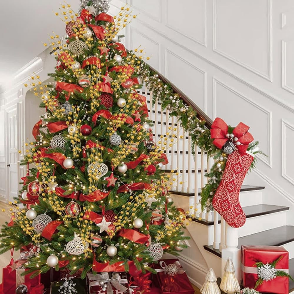 10 Pack Golden Artificial Glitter Berry Stem Ornaments 17 Inches Fake Christmas Picks Decorative Glitter Sticks for Christmas Tree DIY Wreath Crafts Gift Fireplace Holiday Home Decor