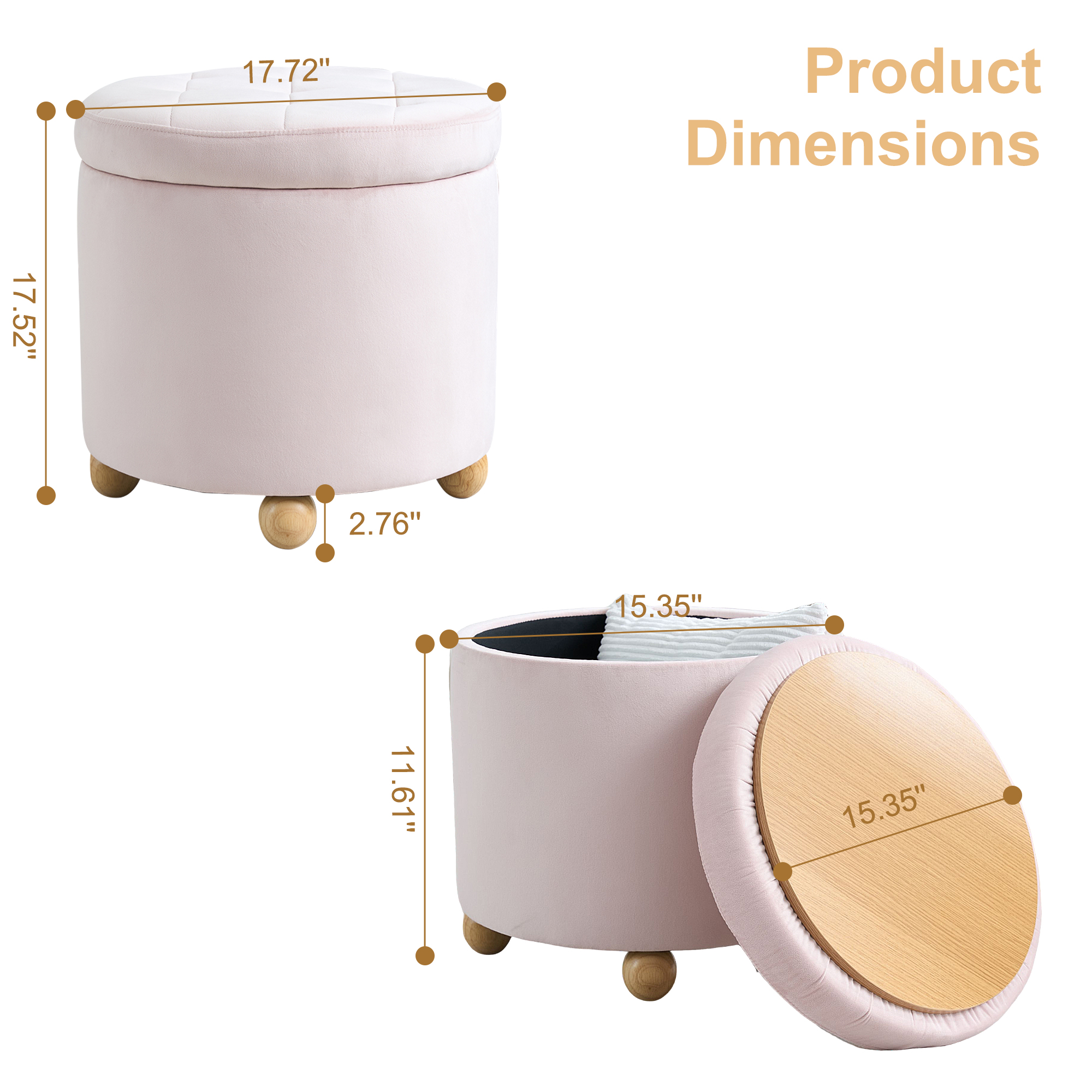 Round Velvet Storage Ottoman with Reversible Tray Lid, Tufted Upholstered Footrest Stool with Wooden Legs