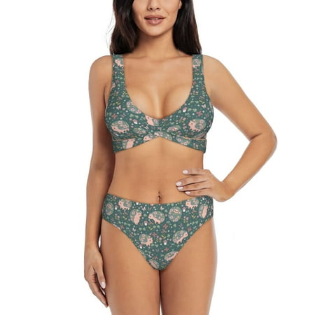 Zeuib Hedgehogs and Flowers High Waisted Tummy Control Bikini Set - Knot Front Push Up Top & Cheeky Thong Bottom  Two-Piece Swimsuit for Women-XX-Large