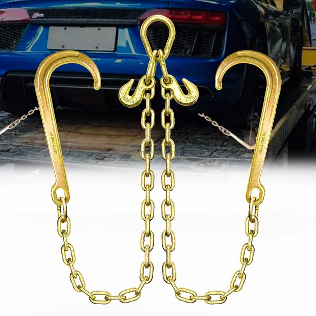 Brida en V de cadena FITHOIST de grado 80 | Brida de cadena de remolque de 5/16 pulgadas x 2 pies con ganchos en J y ganchos de agarre | Cadena de transporte con brida con carga de trabajo segura de 4