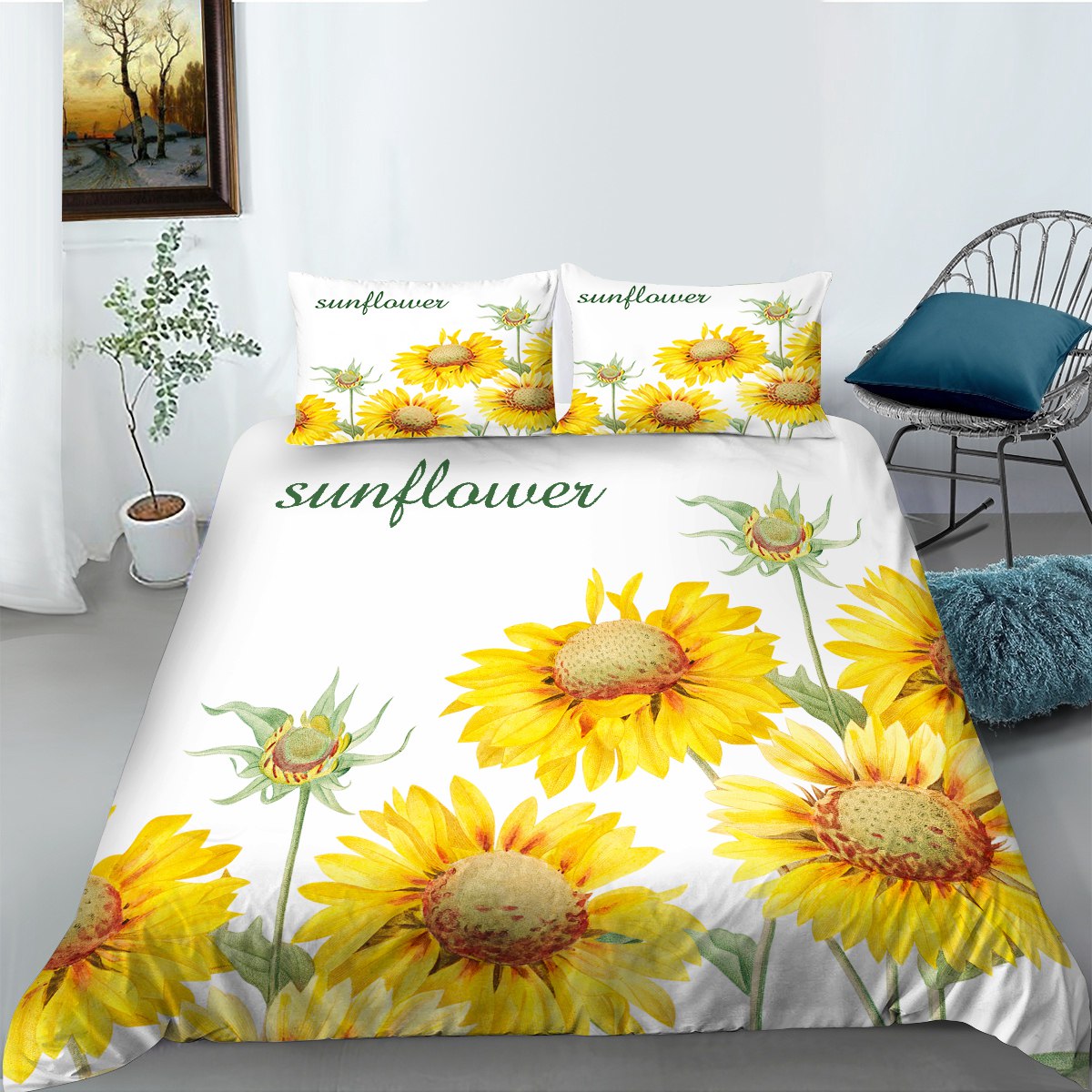 Sunflowers Bedding Set，Yellow Flower Comforter Luxury Floral Printed