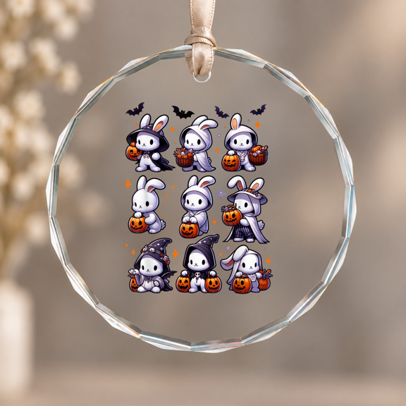 Cute Bunny Ghost Costume Theme Ornament, Hanging Decor, Circle Glass Ornament