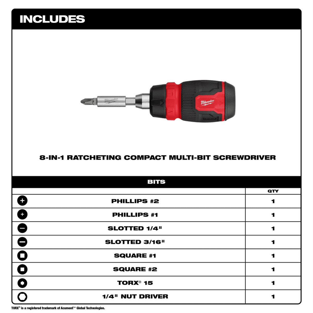 Milwaukee Tool 8-in-1 Ratcheting Compact Multi-Bit Screwdriver