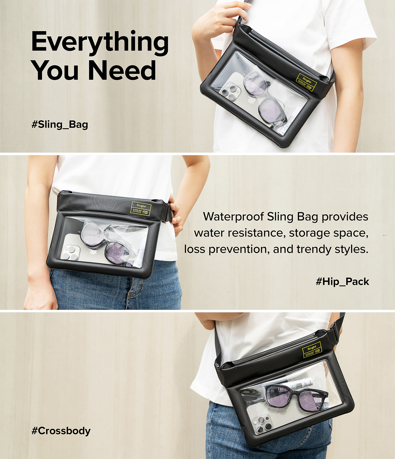 Ringke Waterproof Bag [Sling Bag] Lightweight Waterproof Large Capacity Touch Friendly TPU Sling Bag - Black