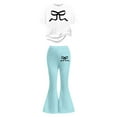 thumbnail image 3 of ZHOGXU Big Kids Girls Outfit Bow Printed Short Sleeve Round Neck Top And Flare Leg Pants Two Piece Comfortable Fashion Sets For Daily Wear Mint Green 11-12 Years, 3 of 5