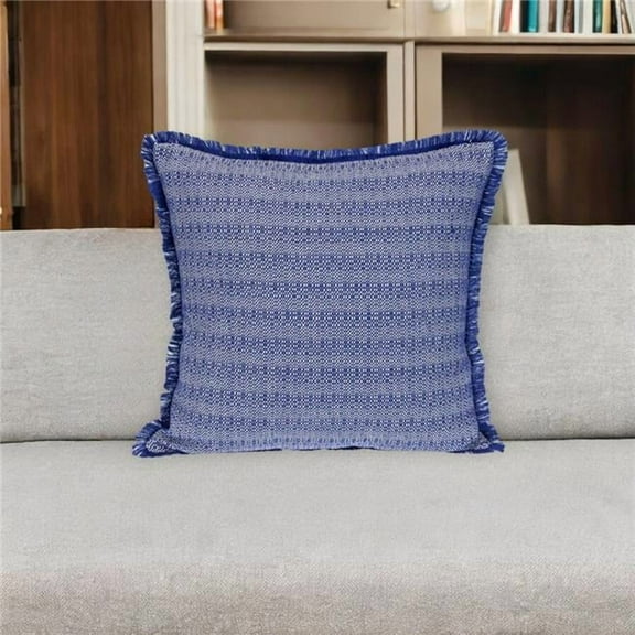 HomeRoots 529343 24 in. Blue & White Striped Cotton Throw Pillow with Fringe