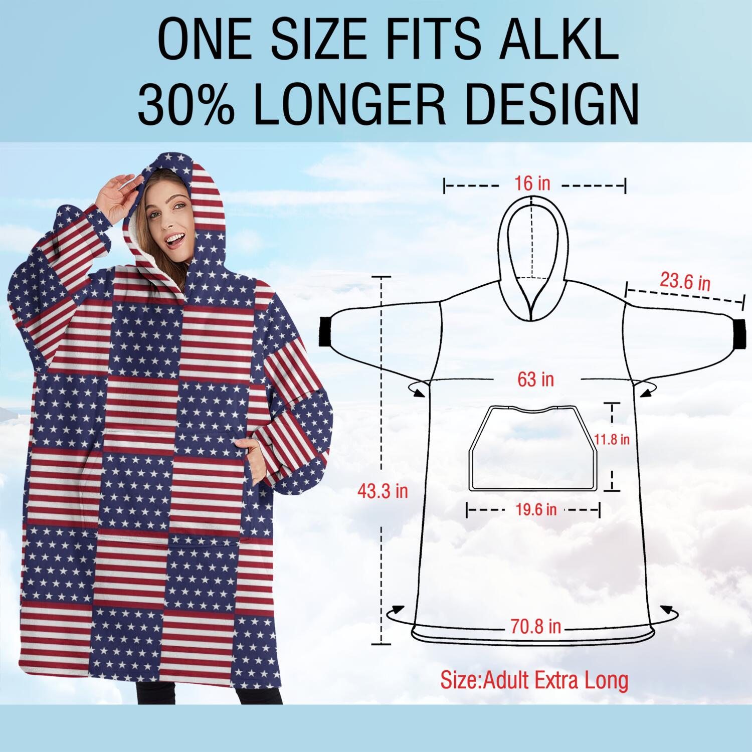 Oversized Wearable Blanket Hoodie,Red White and Blue Star Striped Pattern Sherpa Blanket Hoodie with Super Pockets,Super Warm Fuzzy Pullover for Women & Men