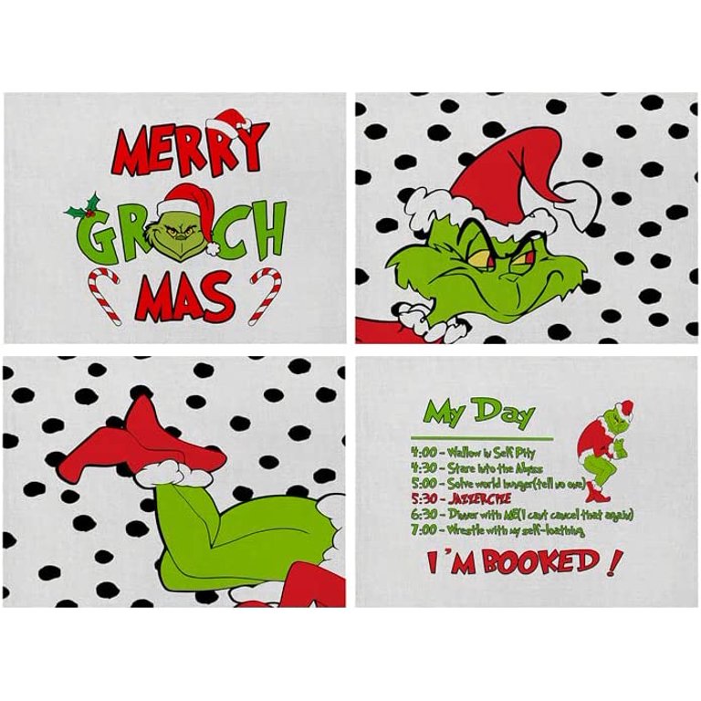 Set of 5 Grinch Placemats and Table Runner Merry Grinchmas Table Mats  Winter New Year Xmas Christmas Decorations and Supplies for Home Kitchen  Table 