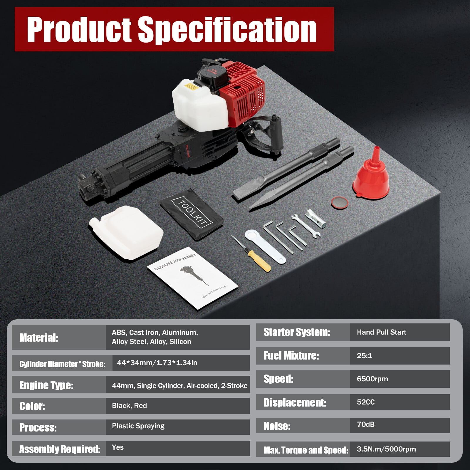 Power Drill Hand-Held Rock Drill Breaker, 1900W Electric Hammer with One Pointed and One Flat Chisel, 1500 BPM Impact Frequency, 20-55J Impact Energy for Efficient Concrete and Rock Breaking