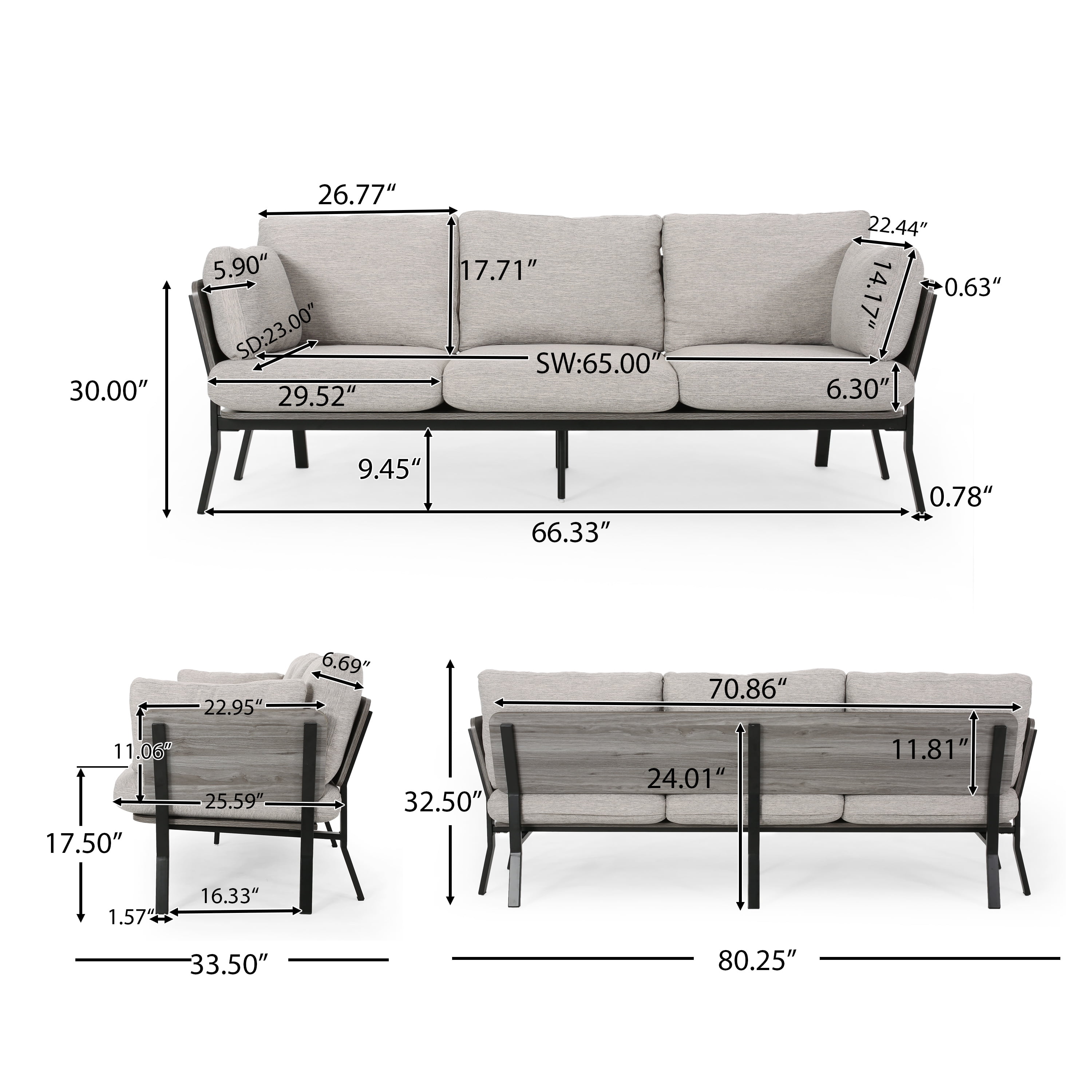 Noble House Zachariah 3 Seater Wood Frame Sofa, Light Grey