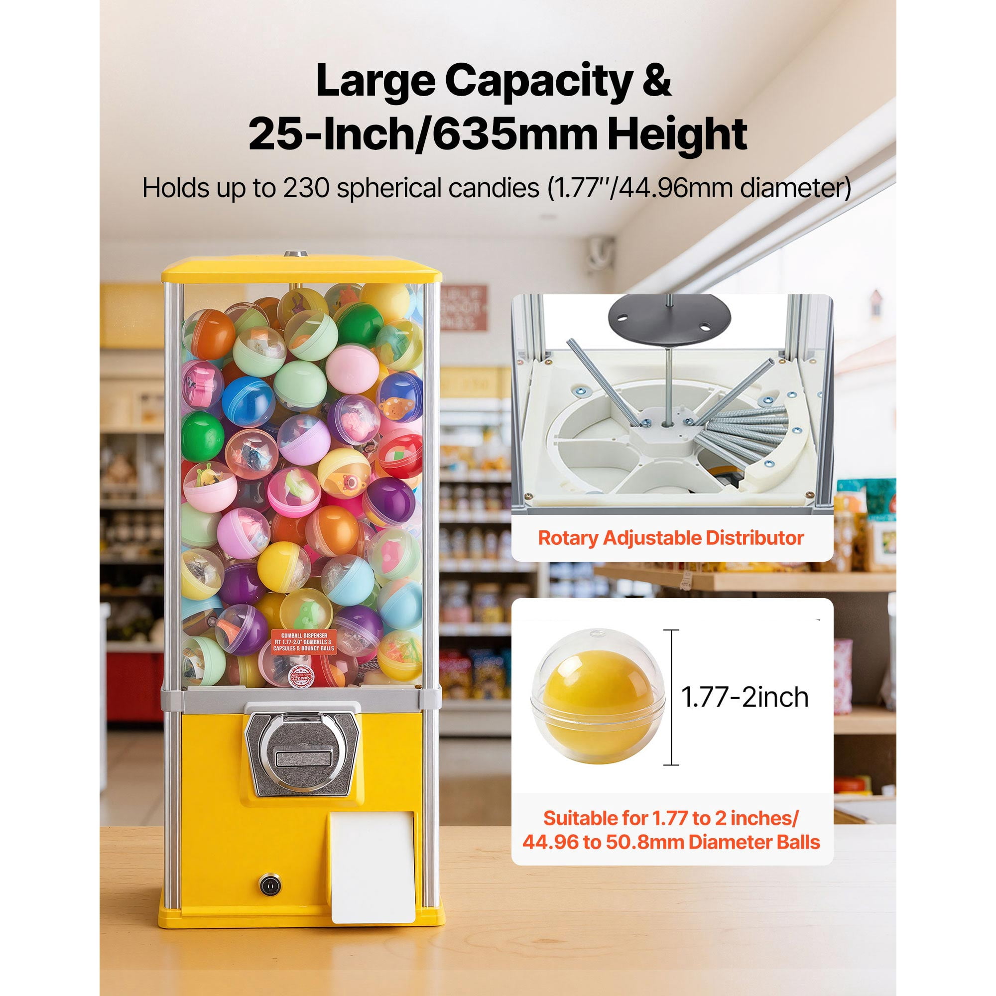 KFFKFF 25-Inch Candy Vending Machine, Coin-Operated Dispenser for Malls, Supermarkets, Parks, and Arcades, Holds Up to 230 1.77-Inch Round Candies