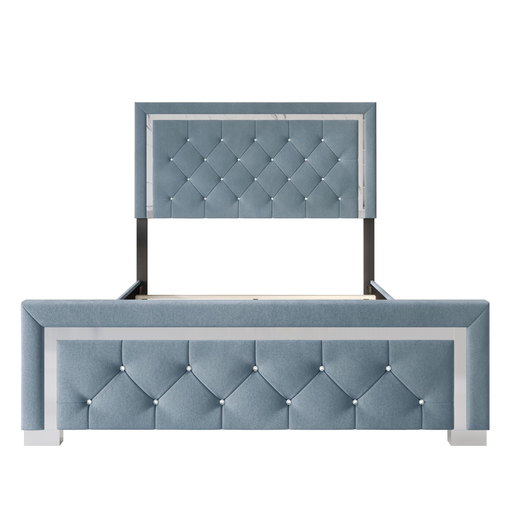 Home Design Toccoa Full Upholstered Panel Bed Frame with Diamond Button-Tufted Headboard and Silver Metal Accents, Blue, Easy Assembly