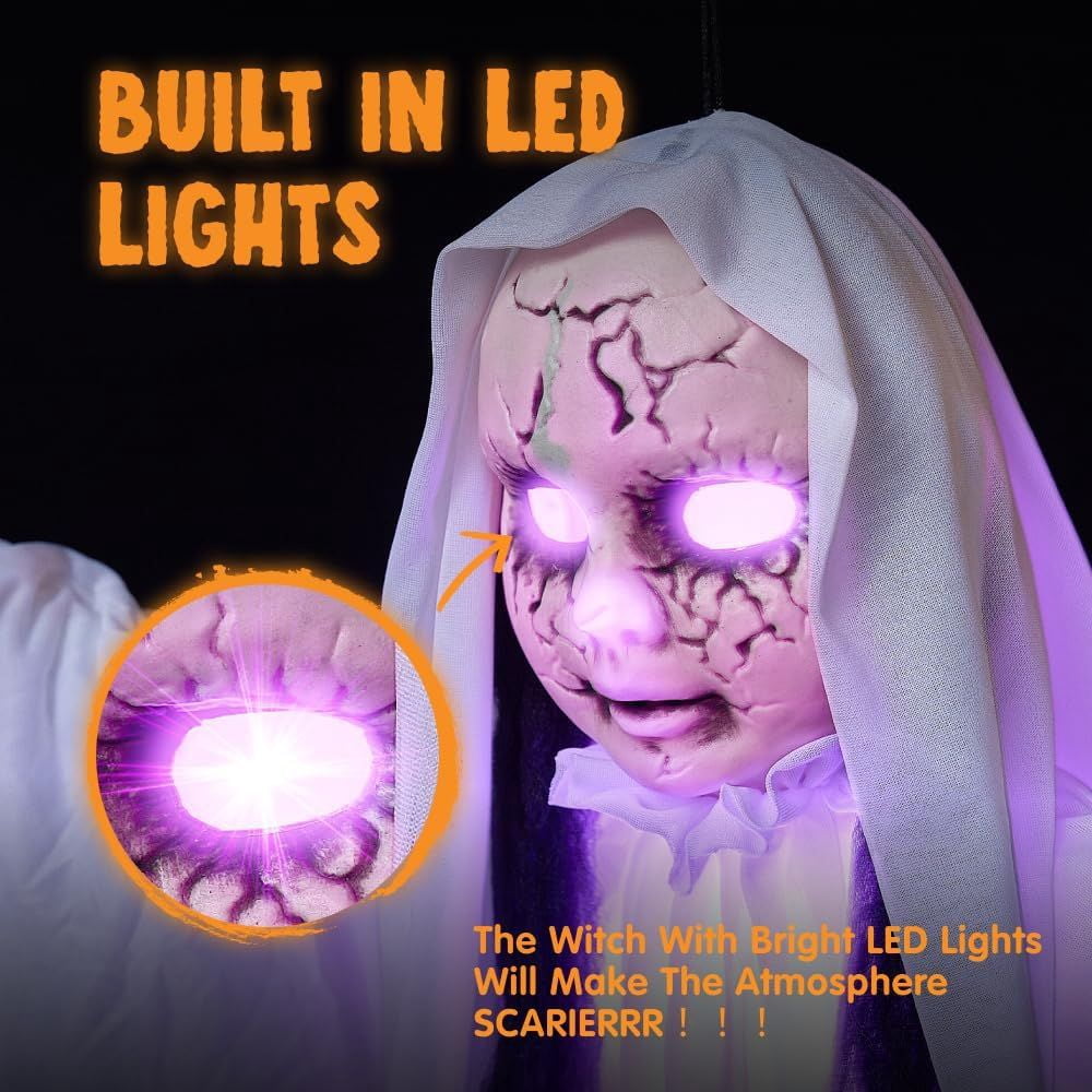 43 Inch Hanging Girl Ghost Halloween Decoration, Creepy Hollow Head Prop with Flashing Purple Lights on Head & Body, Battery Operated Latex Fabric Ghost Decor for Yard Haunted House Party