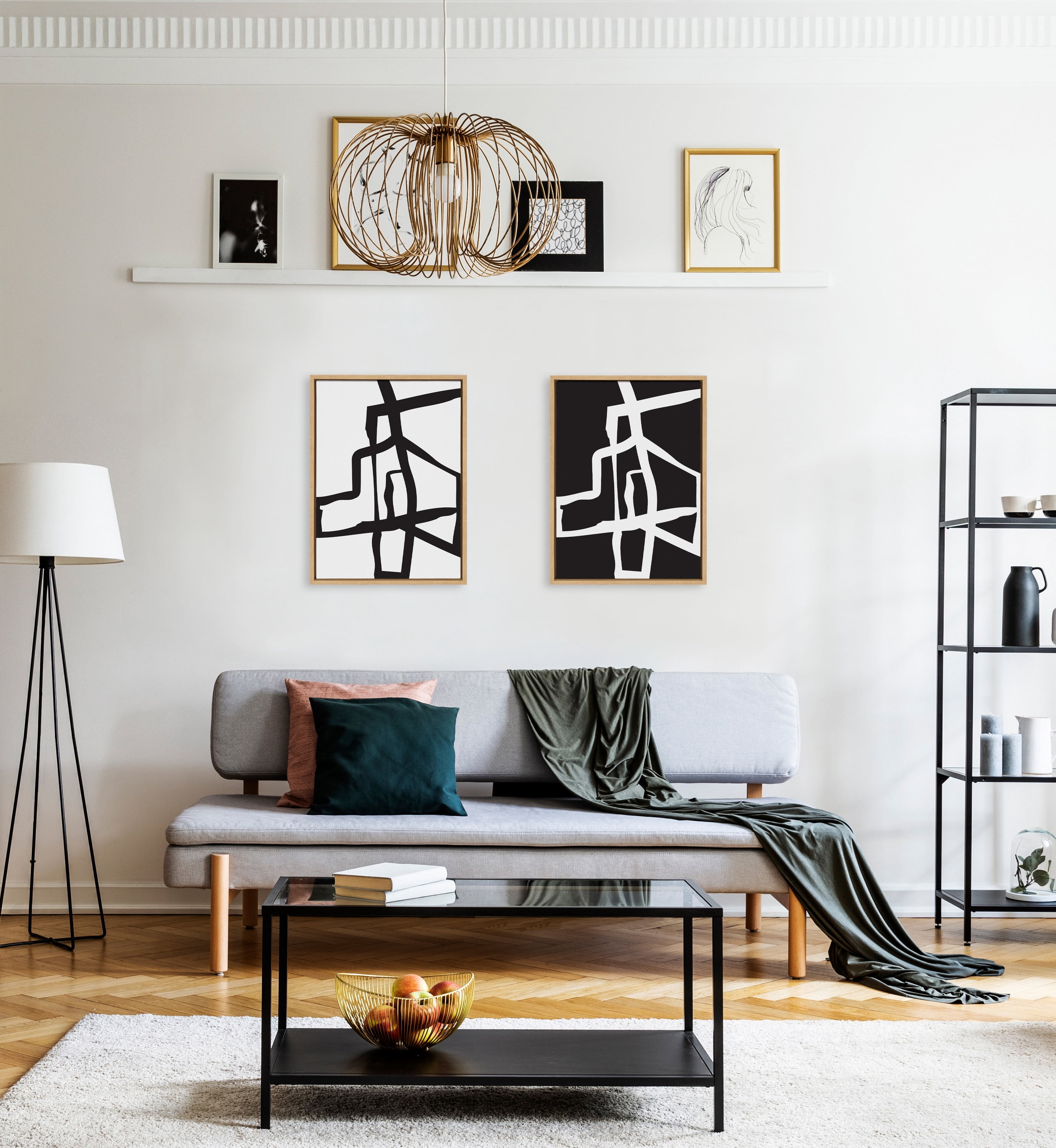 Kate and Laurel Sylvie Bold Sophisticated Abstract Black and White Stroke Framed Canvas Wall Art Set by The Creative Bunch Studio, 2 piece 18x24 Natural, Modern Striking Brushstroke Art Set for Wall